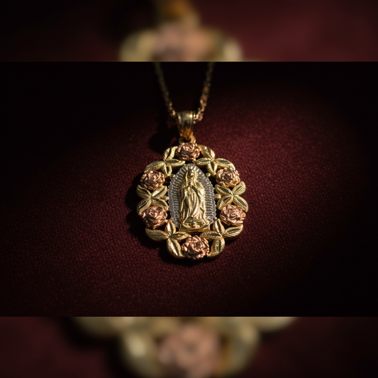 Tri-tone gold plated Virgin Mary Guadalupe pendant with rose border
